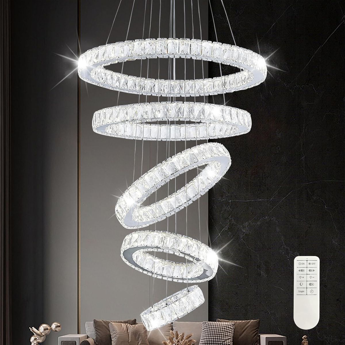 24" Large 5-Ring Modern LED Crystal Silver Chandelier for Entry Way & Tall Ceilings