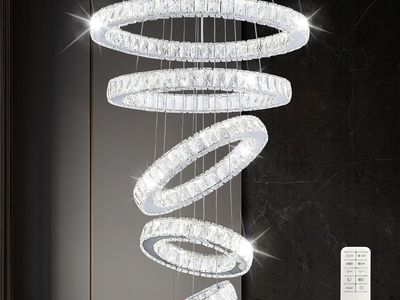 24" Large 5-Ring Modern LED Crystal Silver Chandelier for Entry Way & Tall Ceilings