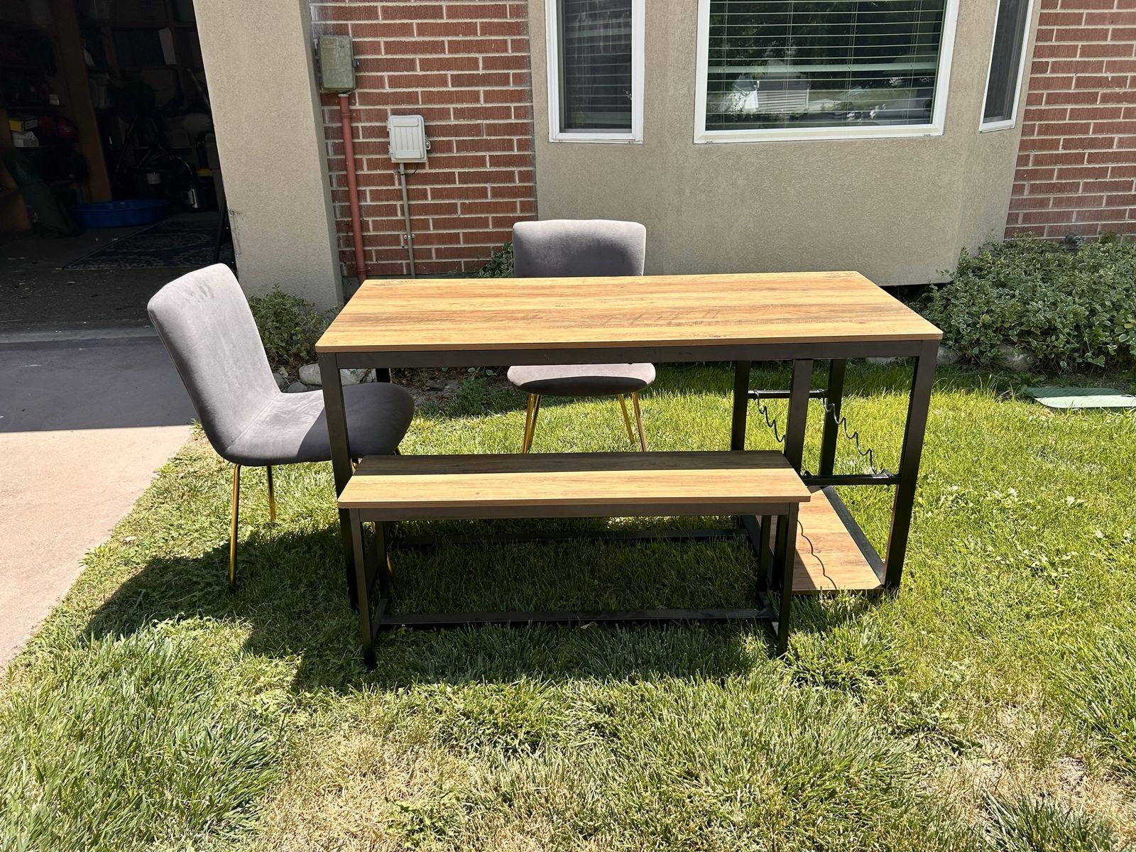 Dining Set with Bench & Two Chairs -Metal Table with Wine Rack