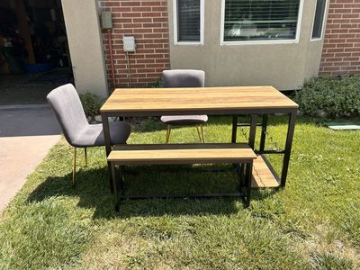 Dining Set with Bench & Two Chairs -Metal Table with Wine Rack