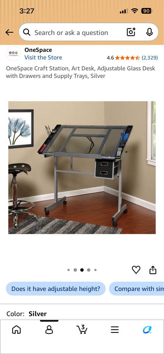 OneSpace Craft Station Art Desk Adjustable Glass Desk with Drawers and Supply Trays Silver