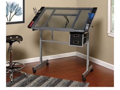 OneSpace Craft Station Art Desk Adjustable Glass Desk with Drawers and Supply Trays Silver