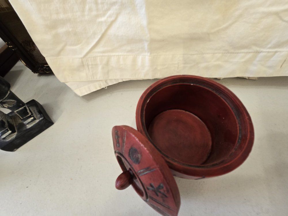 Chinese Decor & Figurines Lot - Terracotta Warrior Statues, Red Cinnabar Box, Brass Characters