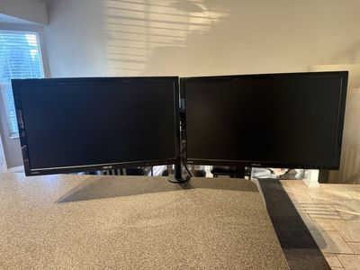 Dual ASUS Computer Monitors with Adjustable Desk Mount Bracket & Cables