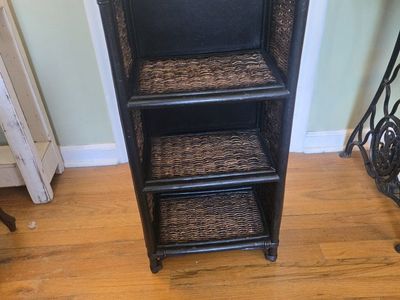Black Wicker & Wood 3-Tier Storage Shelf Unit - Versatile Stand for Home Decor