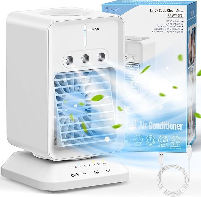 Portable AC, USB Operated Cooling Fan with 90° Rotate Base, 4H Timer, 3 Speeds