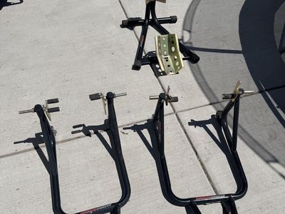 Stance Motorcycle Stands Front & Rear Wheel Pair & Wheel Chock (Set of 3)