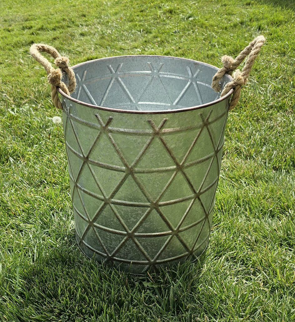 Galvanized Metal Planter Bucket with Rope Handles - Geometric Design 
15"×14"