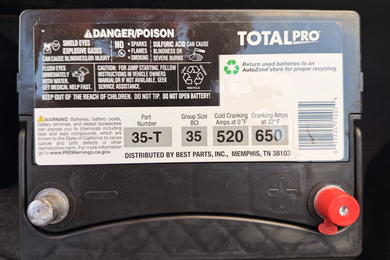 Batterie TOTALPRO 35-T Group Size 35 Car Battery - 520 CCA / 650 CA - May 2026 Date