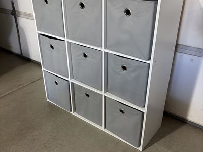 White 9-Cube Organizer Storage Shelf with Grey Fabric Drawers
