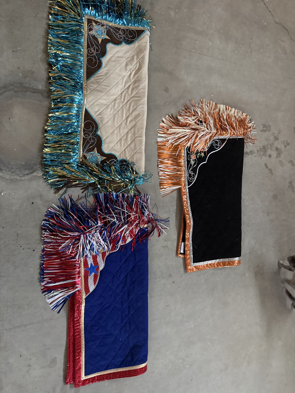 3 Saddle Blanket set for Shows and Rodeo Queens (orange, blue, red, turquoise, green, brown)