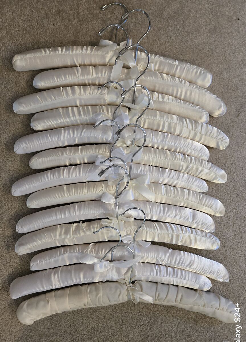 12 LOT Vintage Satin Or Fabric Padded Lingerie Clothing Boudoir Hangers White Cream