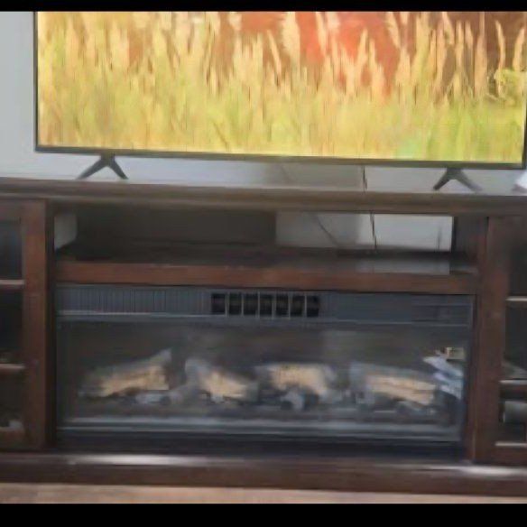 Electric Fireplace TV Stand Media Console, Dark Wood, Glass Doors with led lights and remote