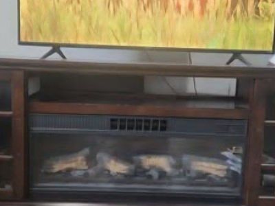 Electric Fireplace TV Stand Media Console, Dark Wood, Glass Doors with led lights and remote