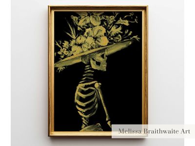 Gold Skeleton Skull Print: Gothic Halloween Wall Art