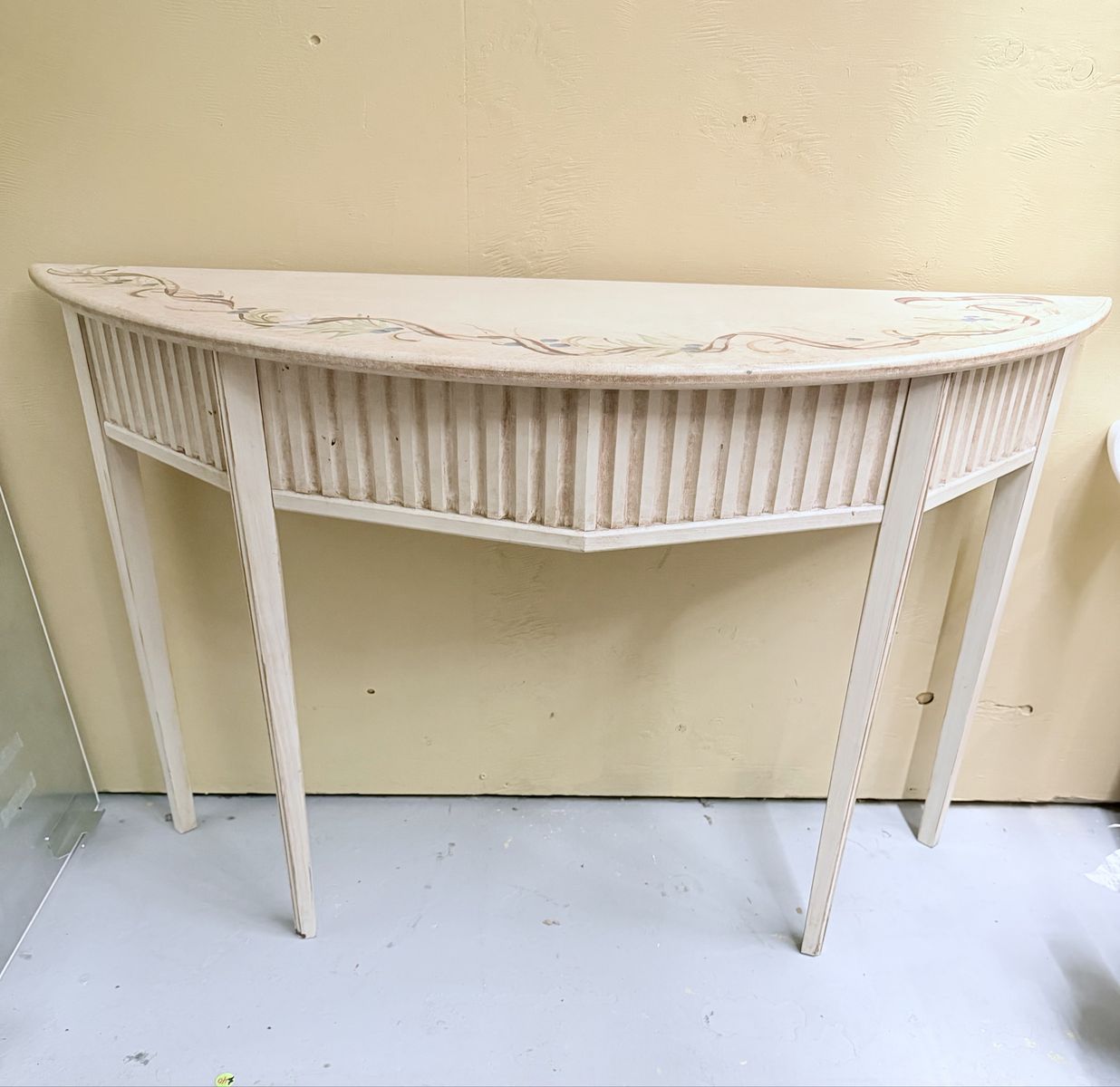 Vintage Half-Moon Hall Table Console with Hand-Painted Floral Trim