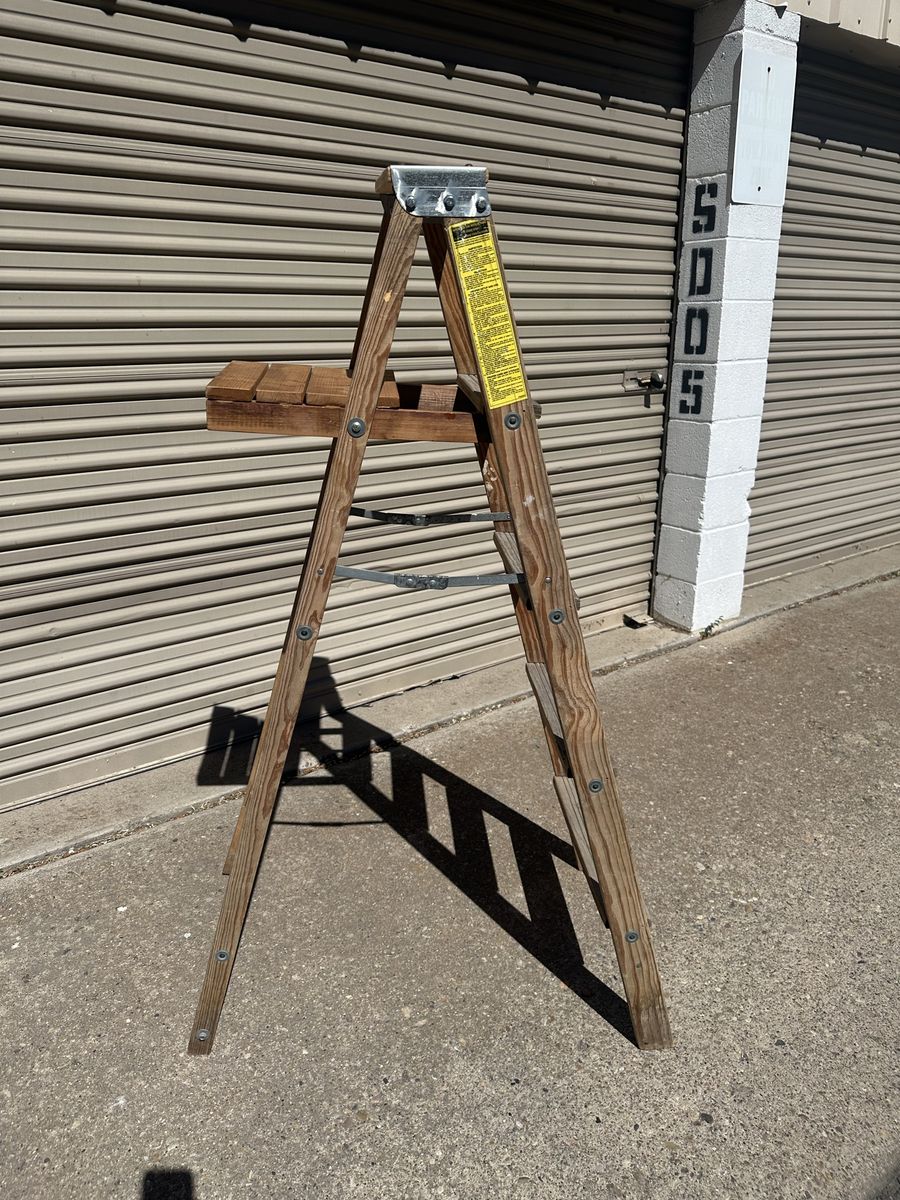 5’ Vintage Wooden A-Frame Ladder - Solid Wood Stepladder with Paint Shelf
