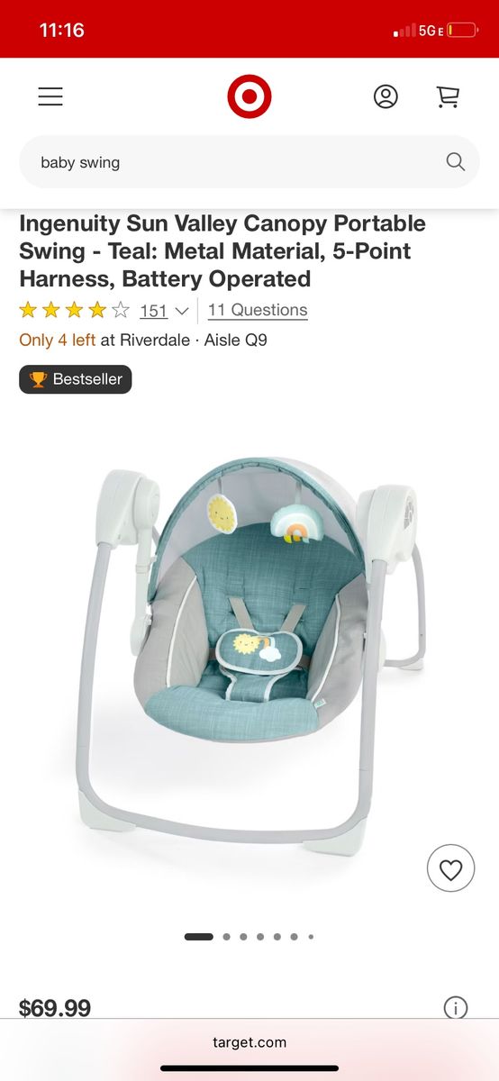 Ingenuity Sun Valley Portable Baby Swing - Teal, Canopy, 5-Point Harness, Battery Operated