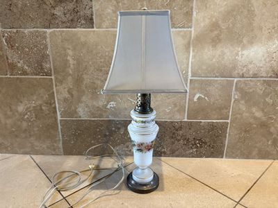Vintage White Porcelain Lamp w/ Flowers Gray Shade