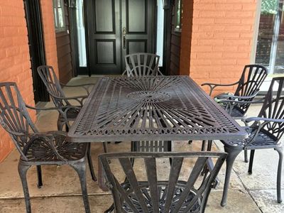 Outdoor Patio Dining Set - Large Cast Iron Table (41x71") & 6 Chairs, Dark Finish