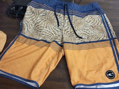 O'Neill Men's Board Shorts - Size 32, 9.5" Inseam - Orange, Blue, and White Pattern