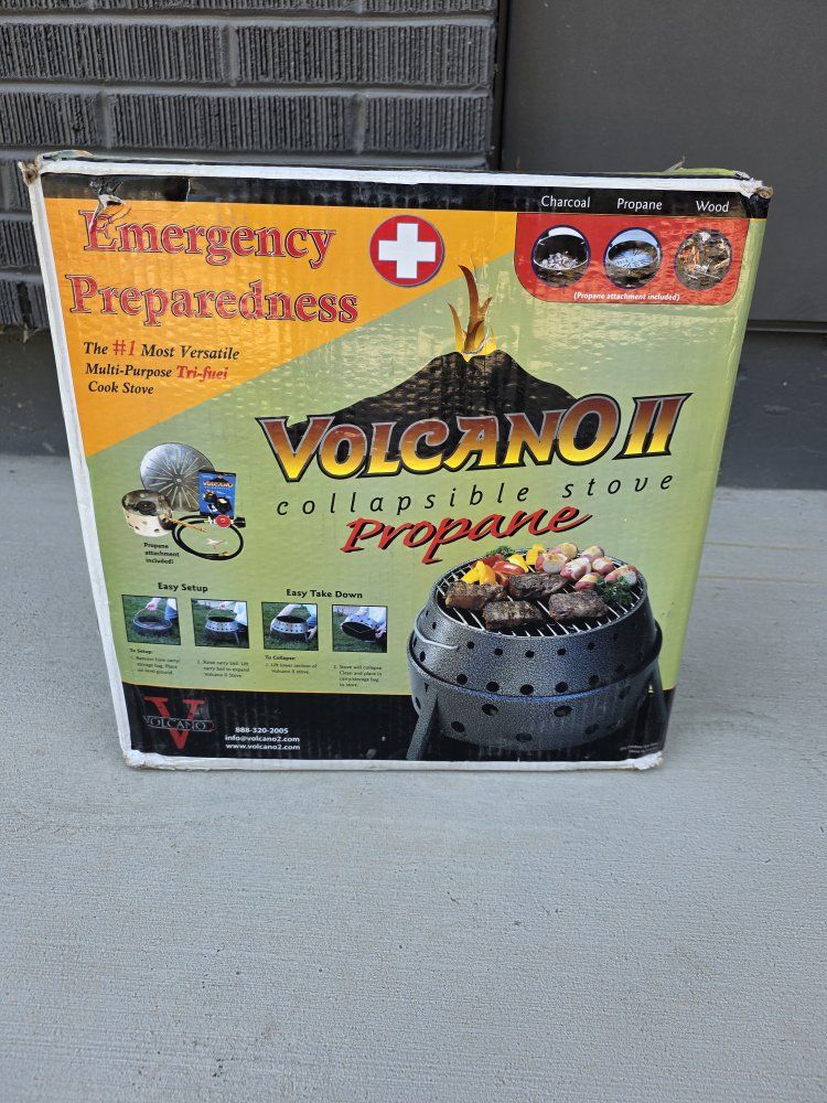Volcano II Collapsible Tri-Fuel Propane Charcoal Wood Camping Grill Stove