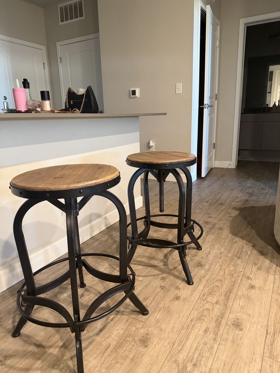 Pair of Industrial Adjustable Height Swivel Bar Stools Wood & Metal