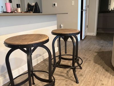 Pair of Industrial Adjustable Height Swivel Bar Stools Wood & Metal