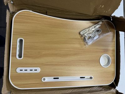 Foldable Lap Desk with Storage, Cup Holder, Tablet Slot & USB Ports - Wood Grain Finish