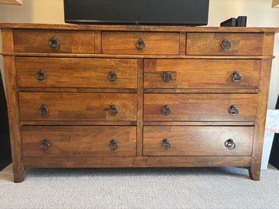 Solid Wood 9-Drawer Dresser with Ring Pulls & Matching Bedside Table