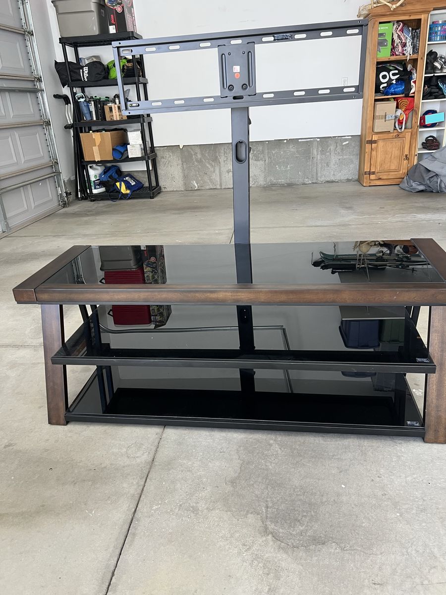 Glass TV Stand with Mount and Shelves - Black/Wood Finish