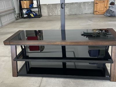 Glass TV Stand with Mount and Shelves - Black/Wood Finish