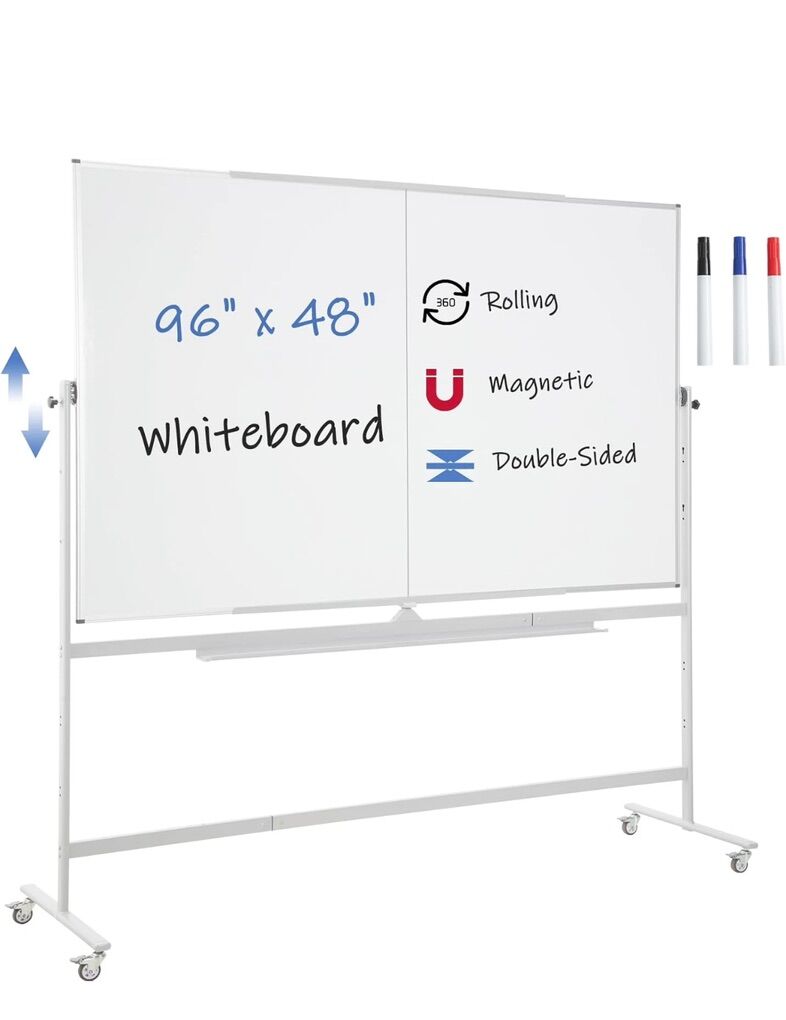 Large Magnetic Whiteboard 96X48, Rolling Double