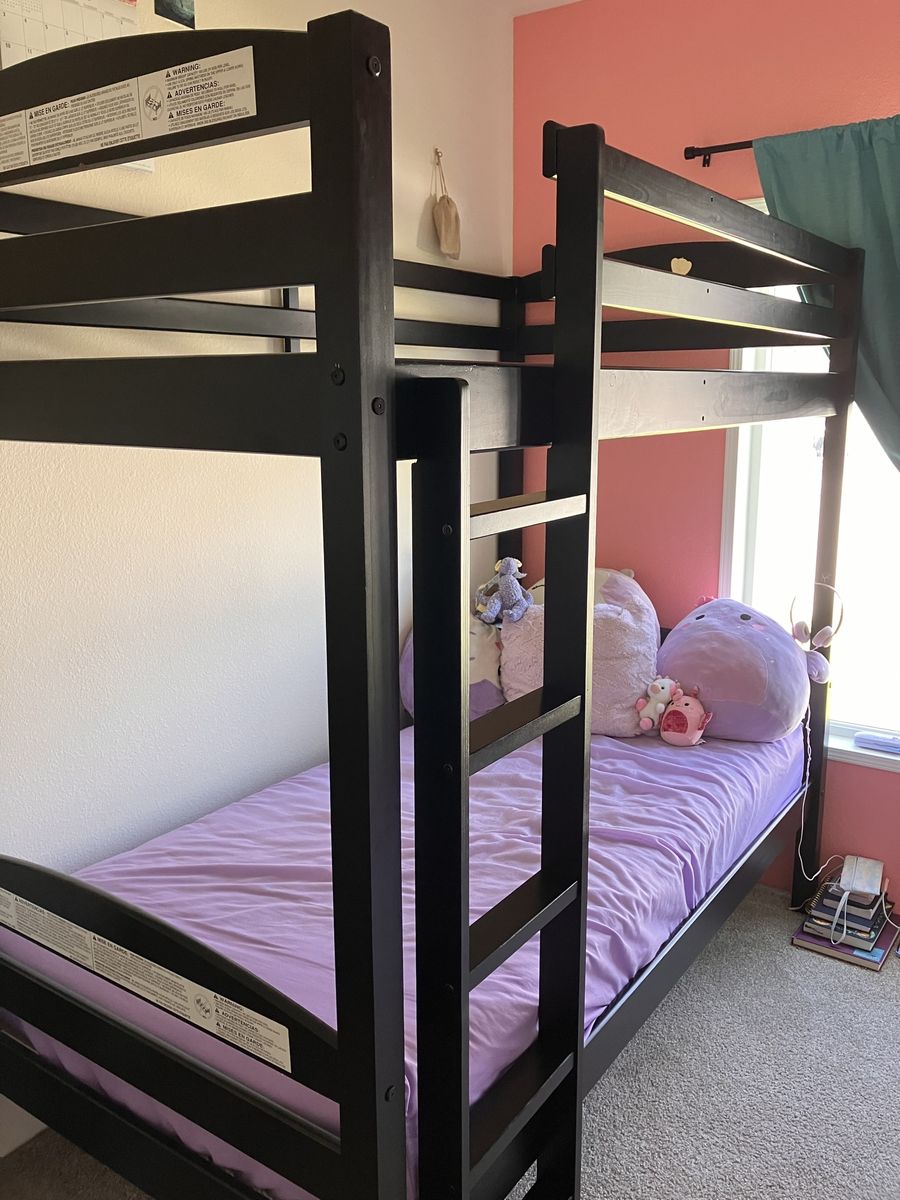 Black Wooden Twin Bunk Bed with Ladder