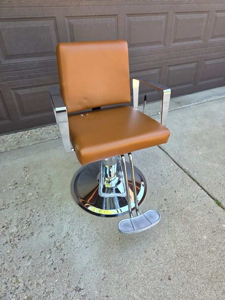 New Hydraulic Salon Chair - Brown Faux Leather, Adjustable Height, Chrome Base with Footrest