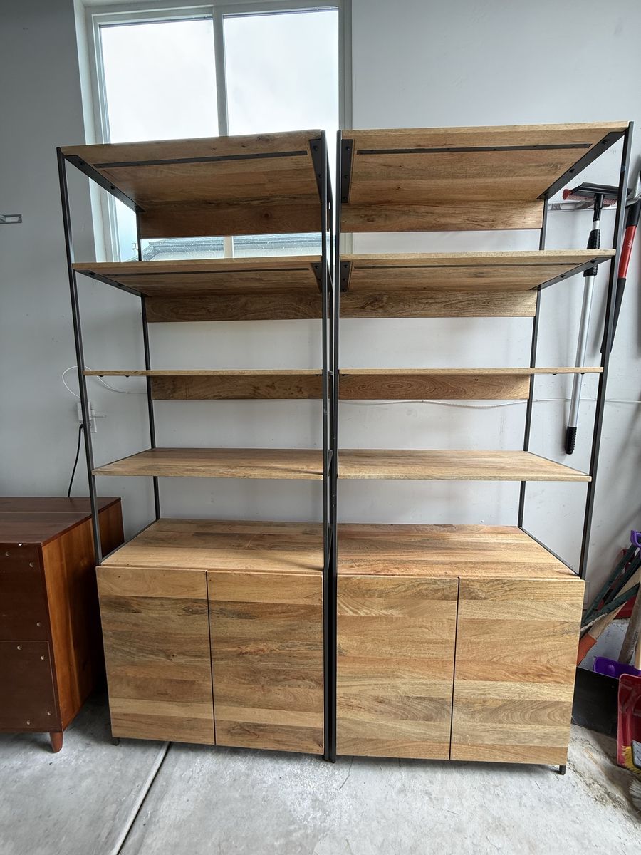 West Elm Industrial Wood & Metal Open Bookcase / Storage Cabinet (Set of 2)