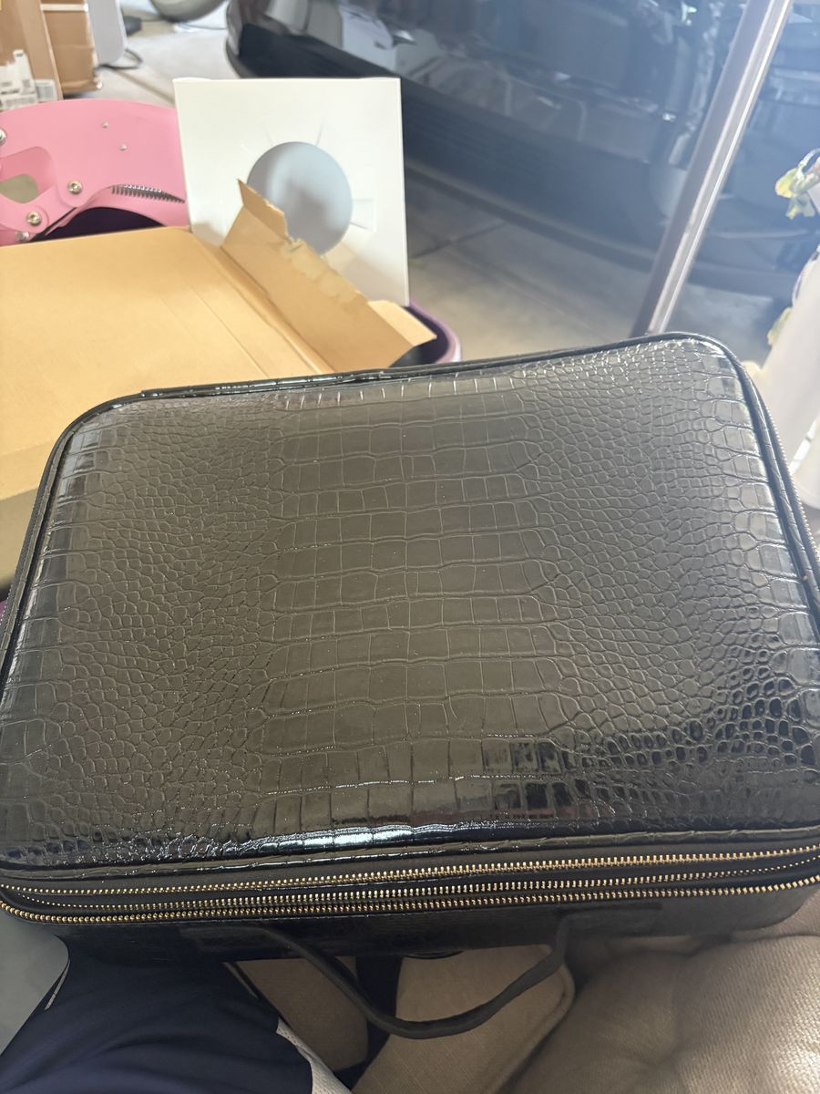 Large Black Patent Croc Makeup Organizer / Travel Case with Gold Zipper