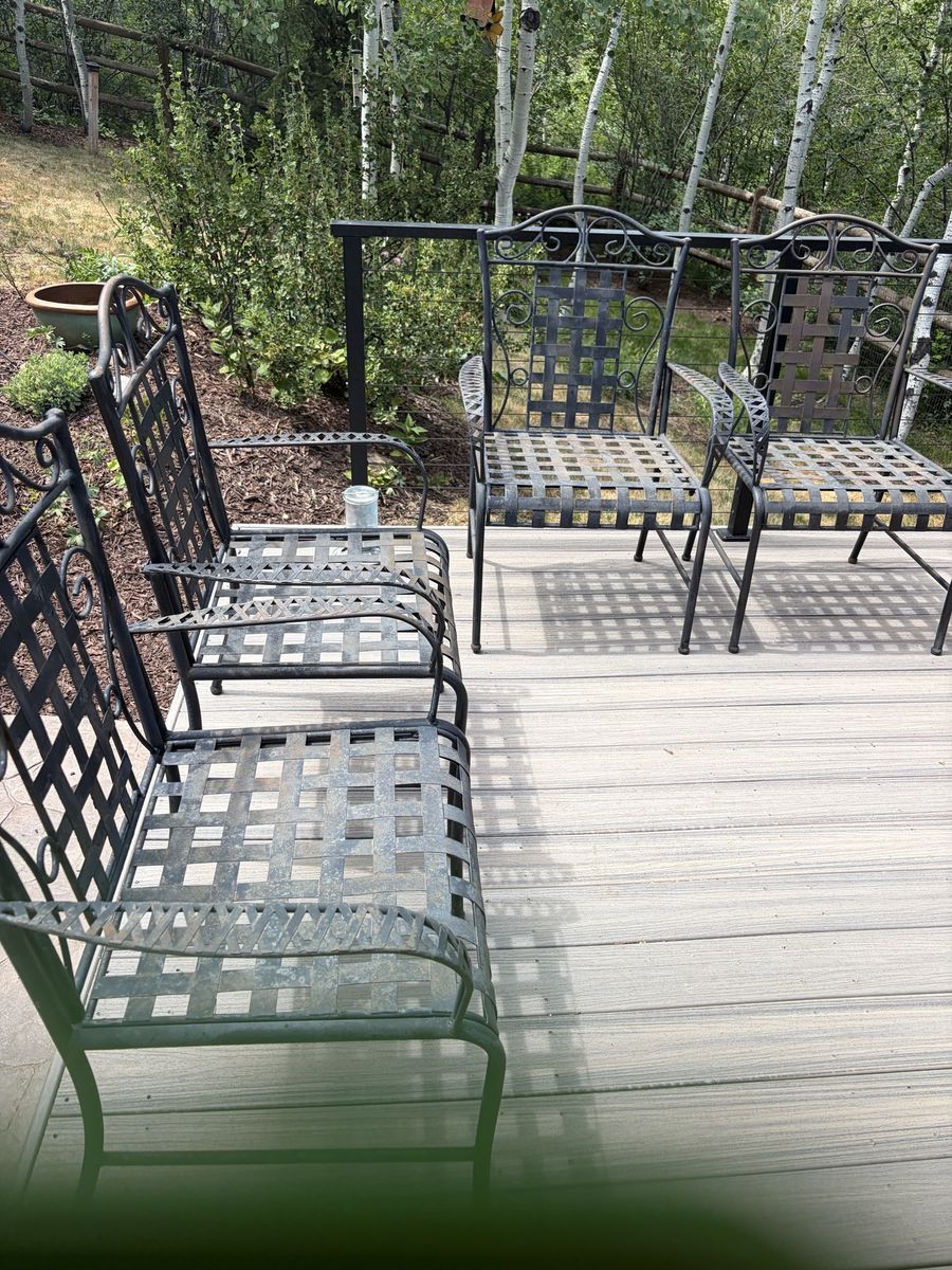 Set of 4 Black Metal Wrought Iron Patio Dining Chairs Outdoor Furniture- could use a wash or black spray paint.  Very sturdy -
