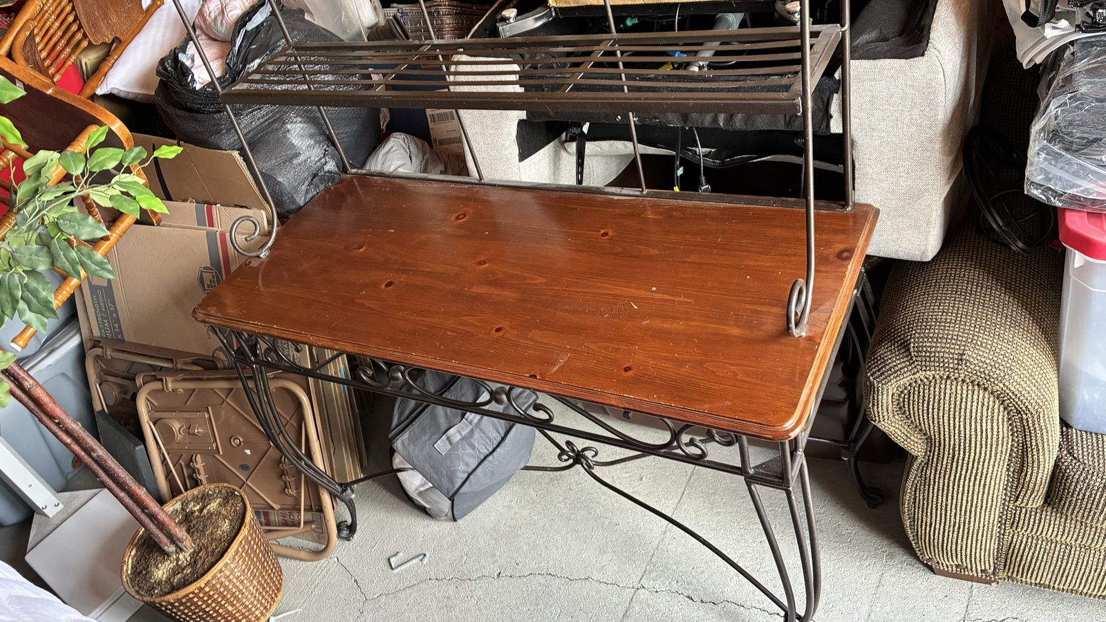Ornate Wrought Iron Baker's Rack with Wood Countertop & Shelves