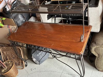 Ornate Wrought Iron Baker's Rack with Wood Countertop & Shelves