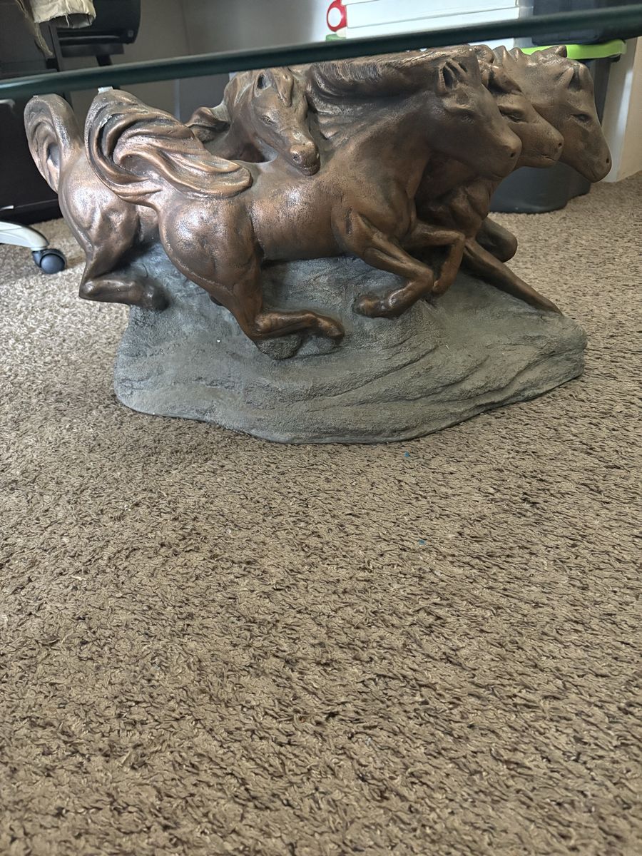 Vintage Sculpted Running Horses Glass Top Oval Coffee Table