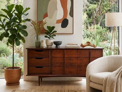 Vintage Mid Century 9-Drawer Walnut Triple Lowboy Dresser w/Hand Carved Sculptural Handles & Tapered Legs by United Furniture