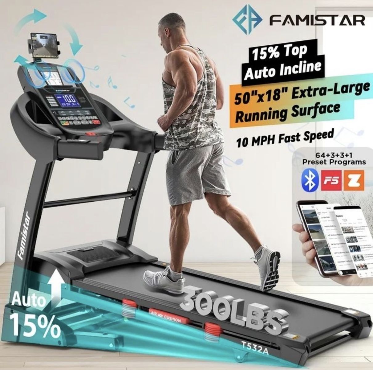 Famistar 4.5HP Folding Treadmill for Home with 15 Levels Auto Incline, 300LB Capacity
