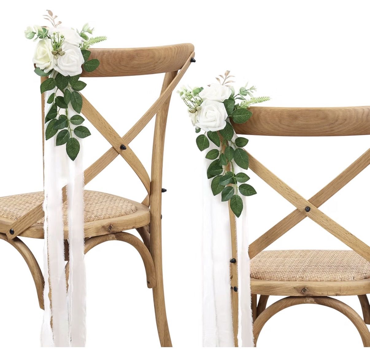 Wedding Pew and Chair Flower Decorations with White Roses and Ribbons