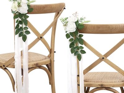 Wedding Pew and Chair Flower Decorations with White Roses and Ribbons