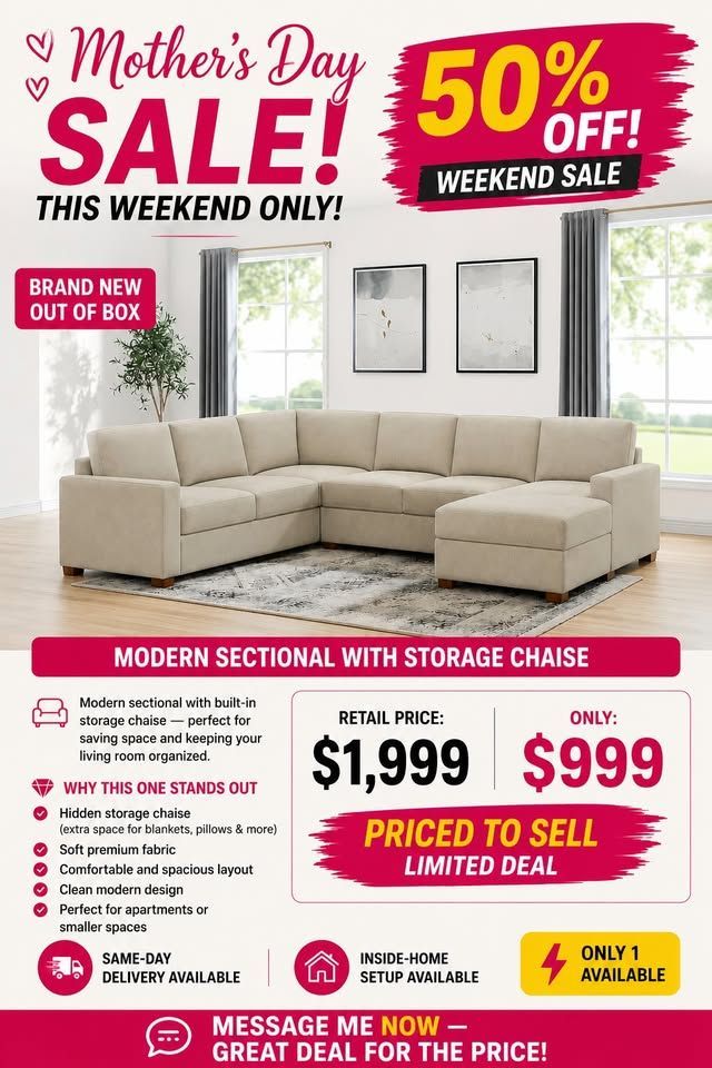 Modern Sectional with Storage Chaise - 50% OFF 🩷 Mother’s Day Sale