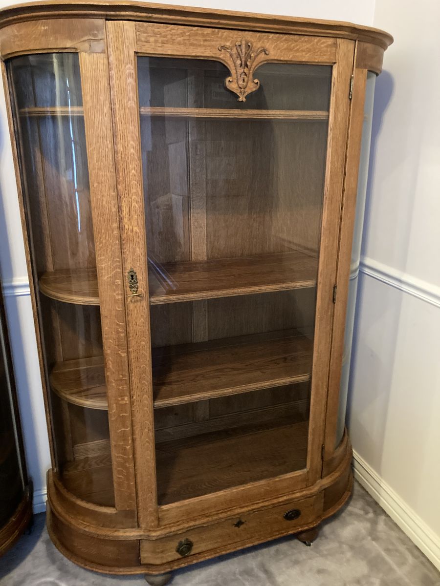 Antique Oak Curio Curved Glass China Cabinet