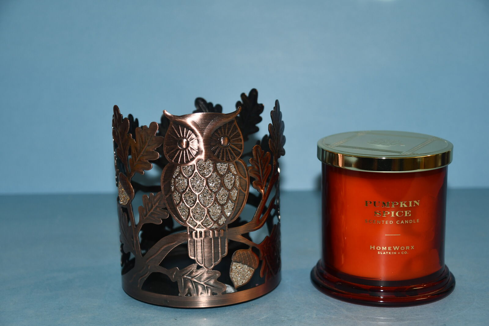 BATH & BODY WORKS "OWL" CANDLE HOLDER + 1 WICK SLATKIN "PUMPKIN SPICE" CANDLE