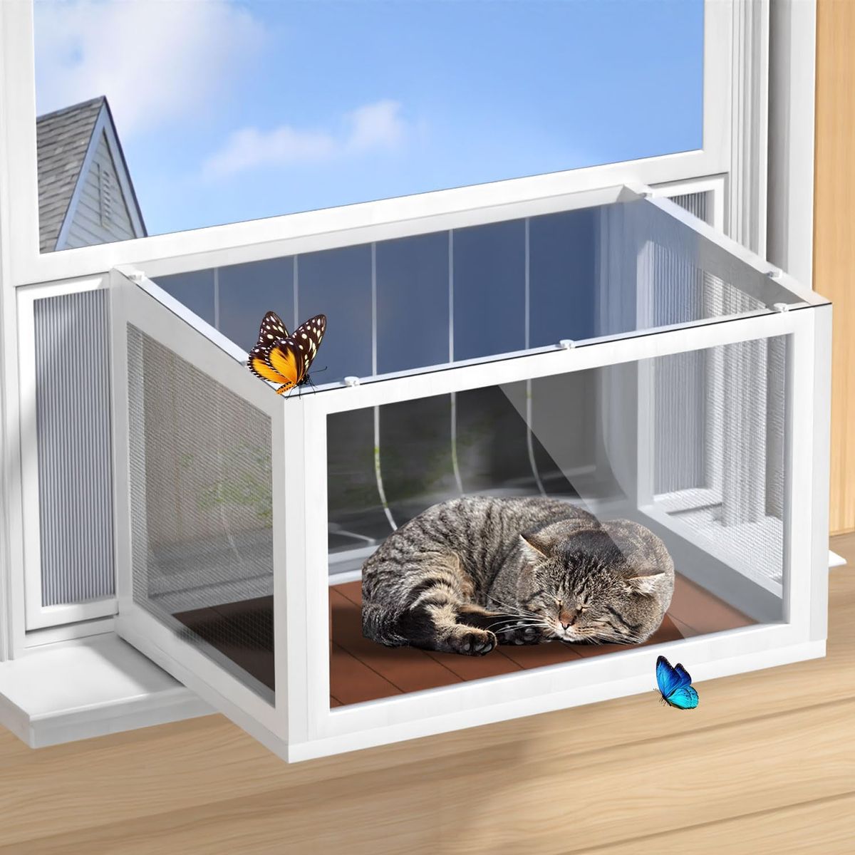 NEW Cat Window Box Catio, Outdoor Indoor Cat Enclosure with Clear Panels, Mesh Sides & PVC Curtain