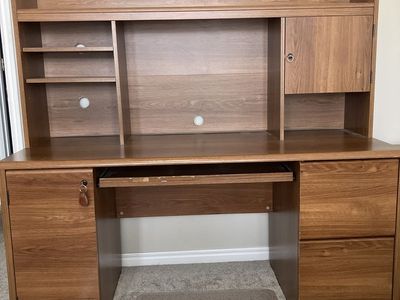 Large Wooden Computer Desk with Hutch and Storage Drawers